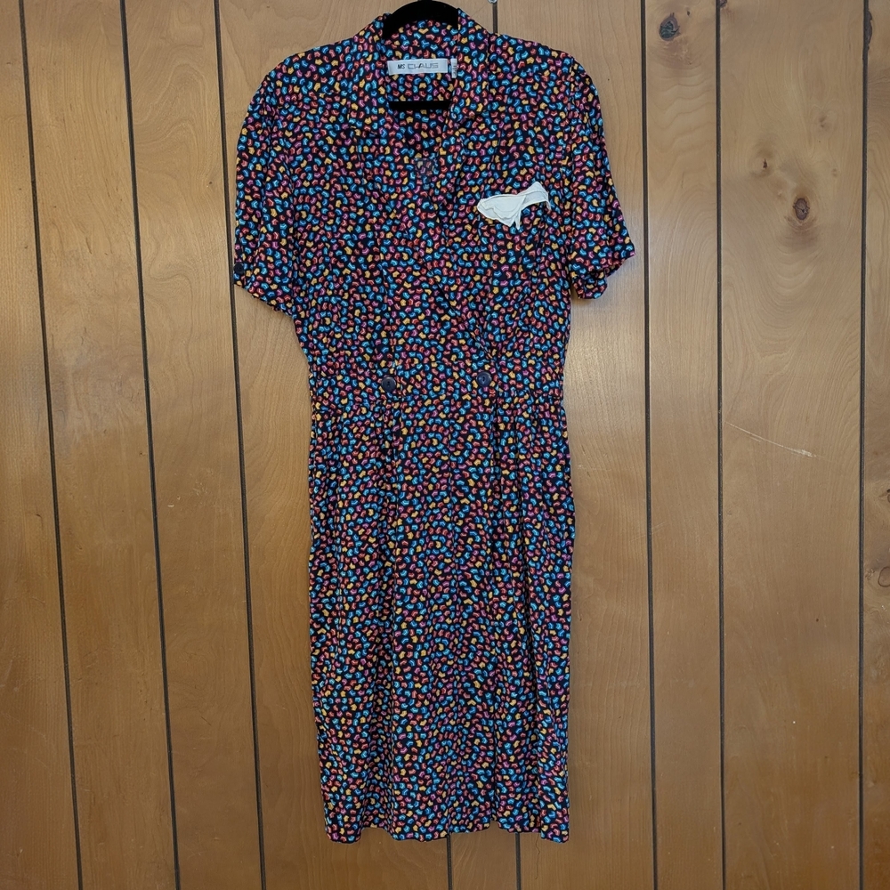 Vintage MS Chaus 80s 90s Rayon Geometric Wrap Dress Cinched Waist